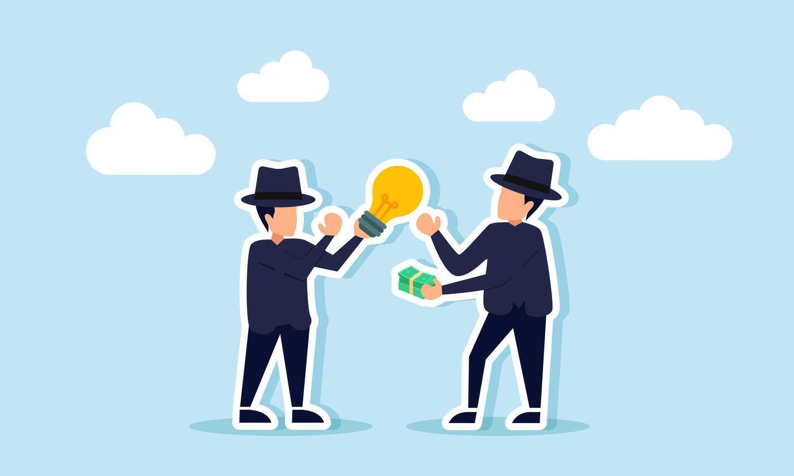 Two businessmen dressed as mafias hold a lamp and money, intending to exchange, illustration of dark business conducting illegal transactions of ideas and innovations vector