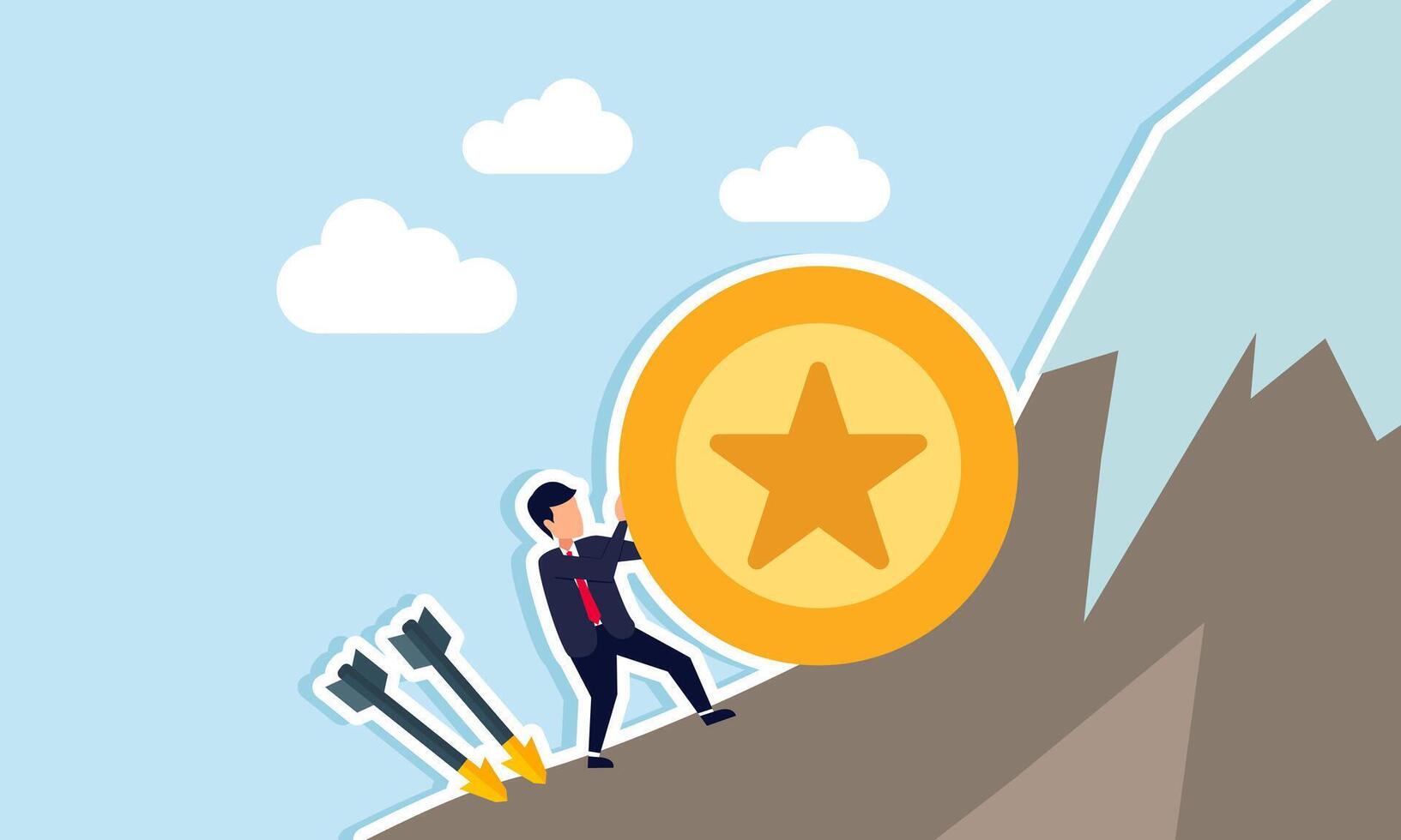 Businessman pushing an award medal up a mountain with two arrows threatening from behind, illustration of securing and improving business performance despite many business threats vector