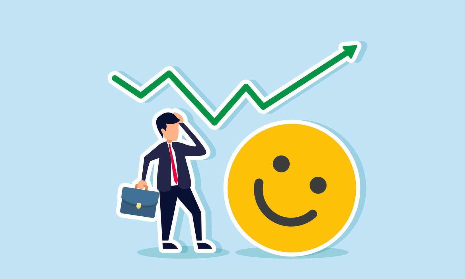 Businessman standing beside a rising happy emoticon graph, looking confused, illustration of being surprised by significant business market engagement increase vector