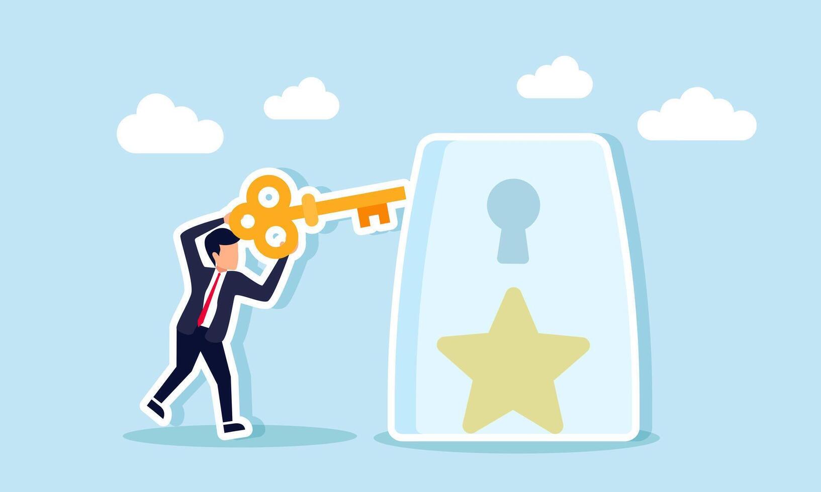 A businessman holding a key intends to insert it into a keyhole on a glass containing a star, illustration of solutions for securing business performance quality vector
