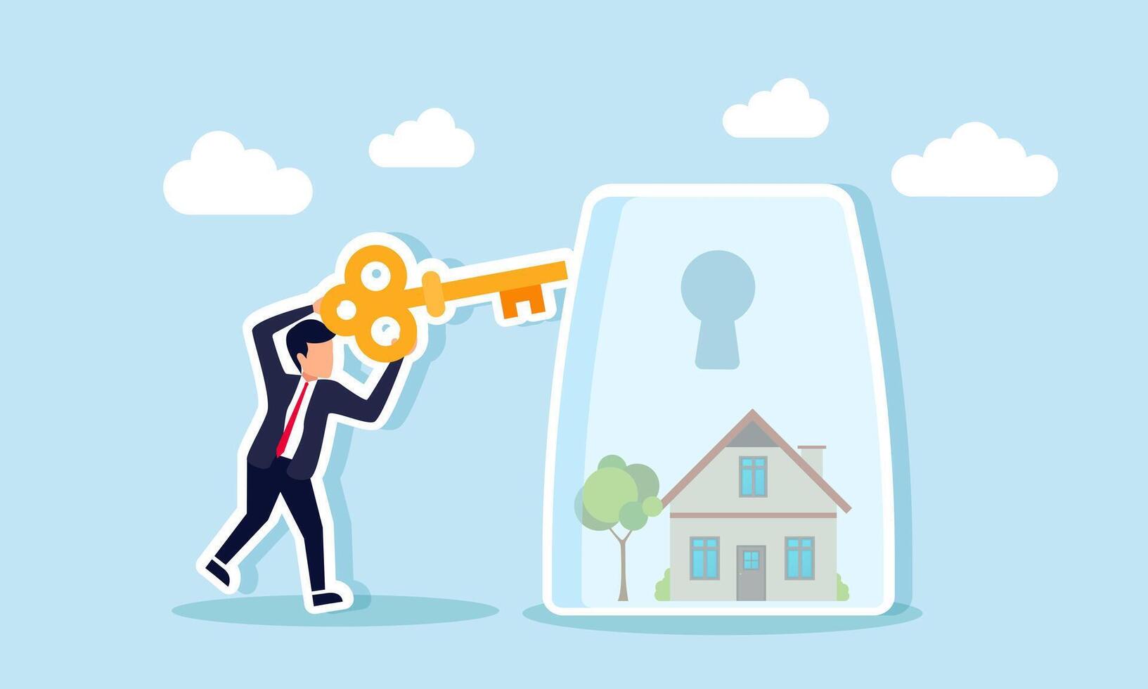 A businessman holding a key intends to insert it into a keyhole on a glass containing a house, illustration of solutions for securing business property assets vector