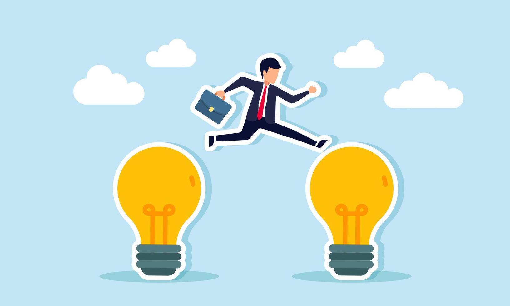 A businessman jumps from one lamp to another, illustration of efforts to gain more relevant business ideas and innovations aligned with business trends vector