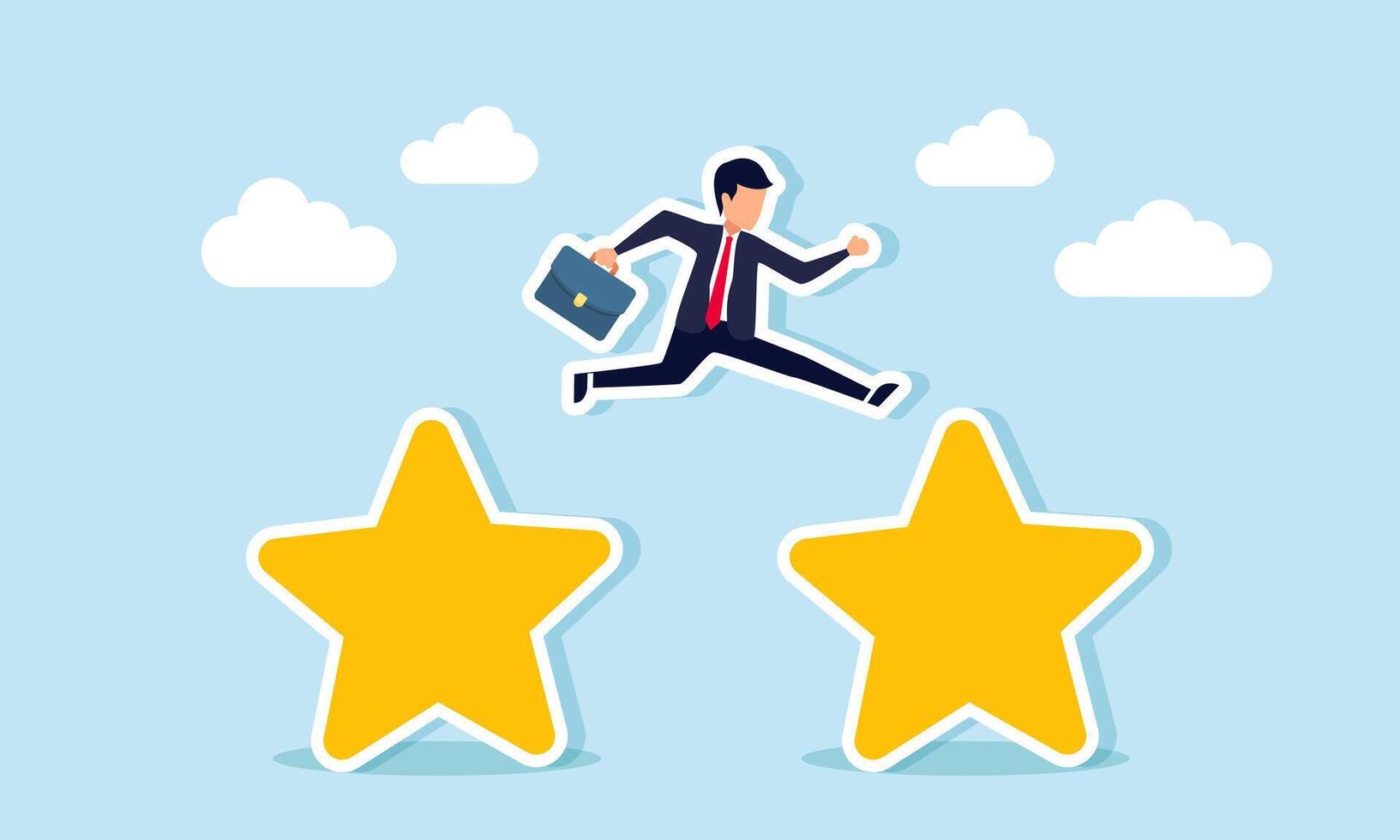 A businessman jumps from one star to another, illustration of efforts to achieve or attain better business ratings and quality vector