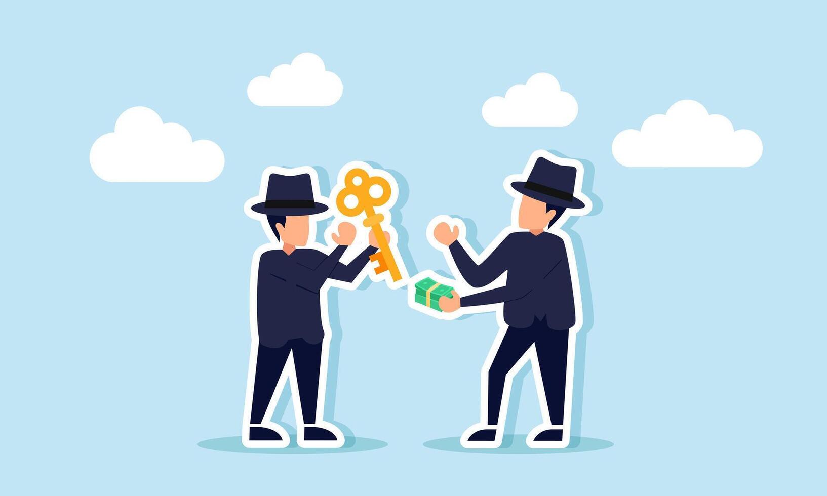 Two businessmen, styled like mafia, carrying keys and cash, about to exchange them, illustration of a shady business deal involving illegal business solutions vector