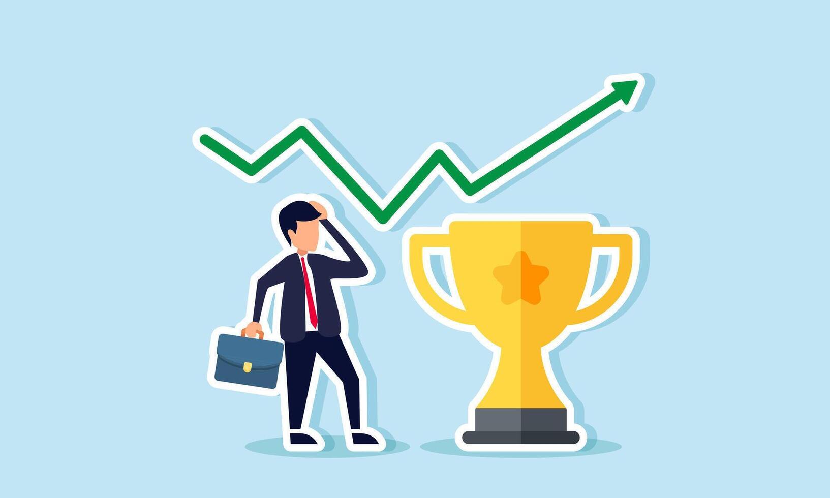 Businessman standing beside a rising trophy graph, looking confused, illustration of being surprised by significant business achievement and success vector