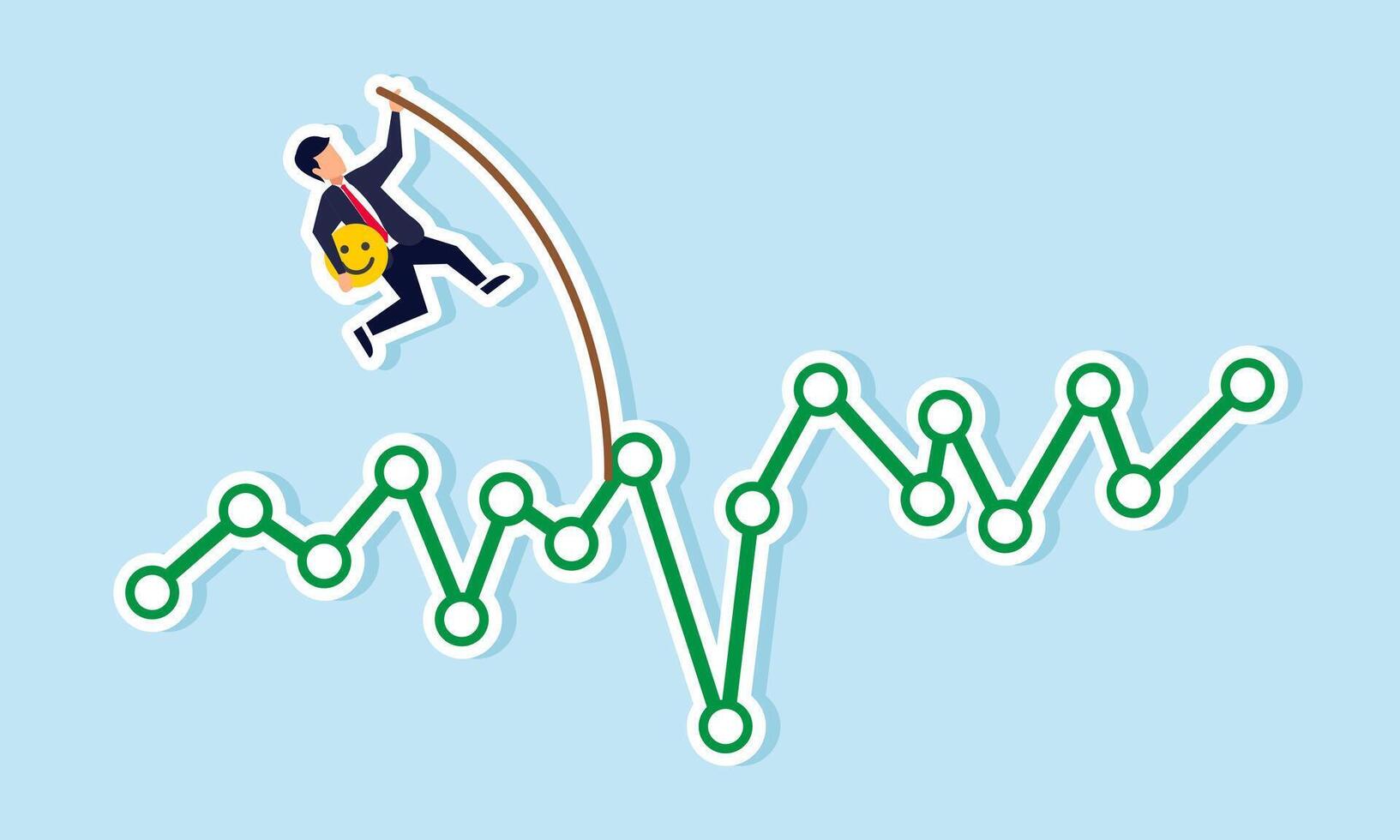 A businessman carries a happy emoticon trying to jump over a green graph with a long wooden stick, illustration of efforts to increase business market engagement vector