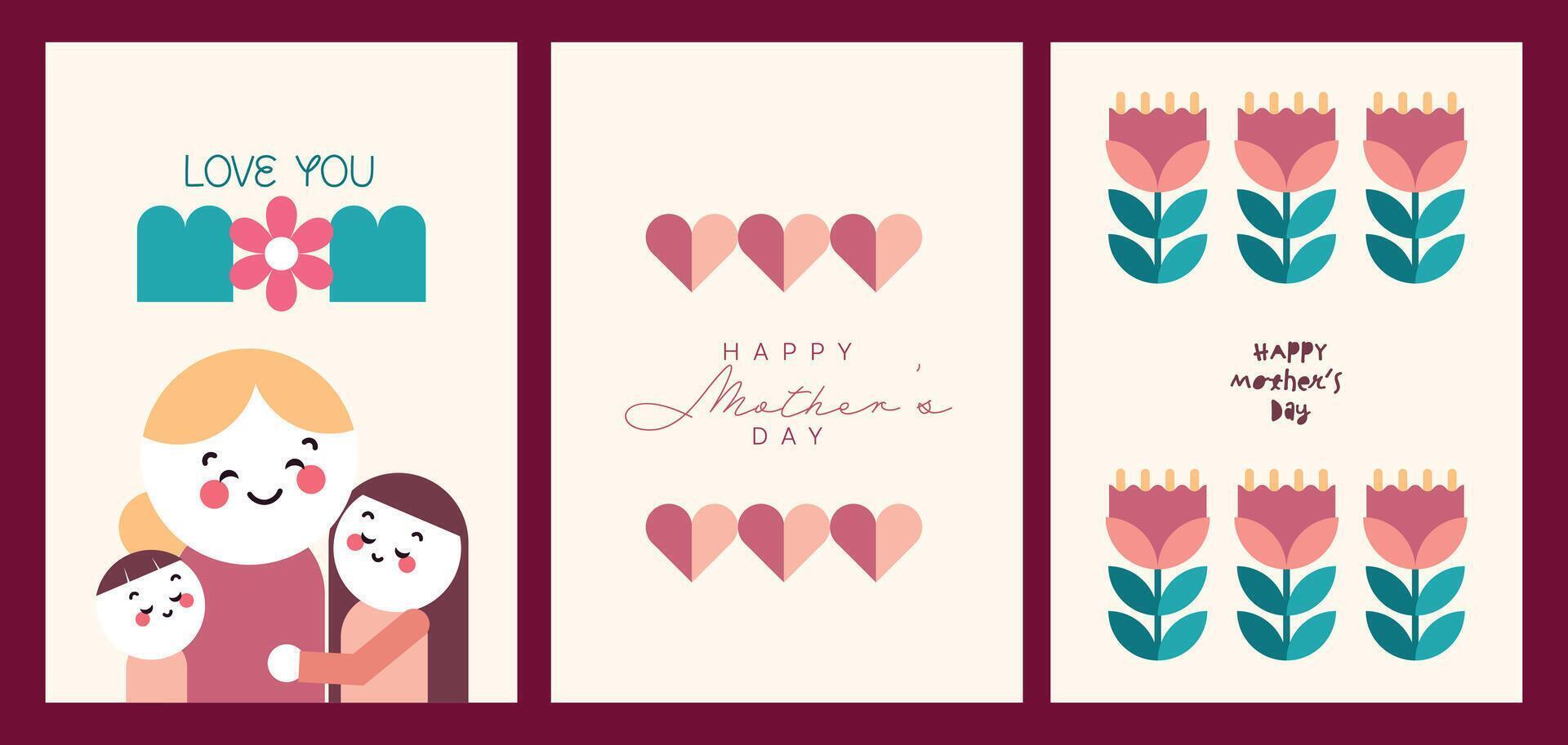 Happy Mother's Day greeting card designs in flat geometric style collection, a mother with her child, flowers, and abstract geometric shapes vector