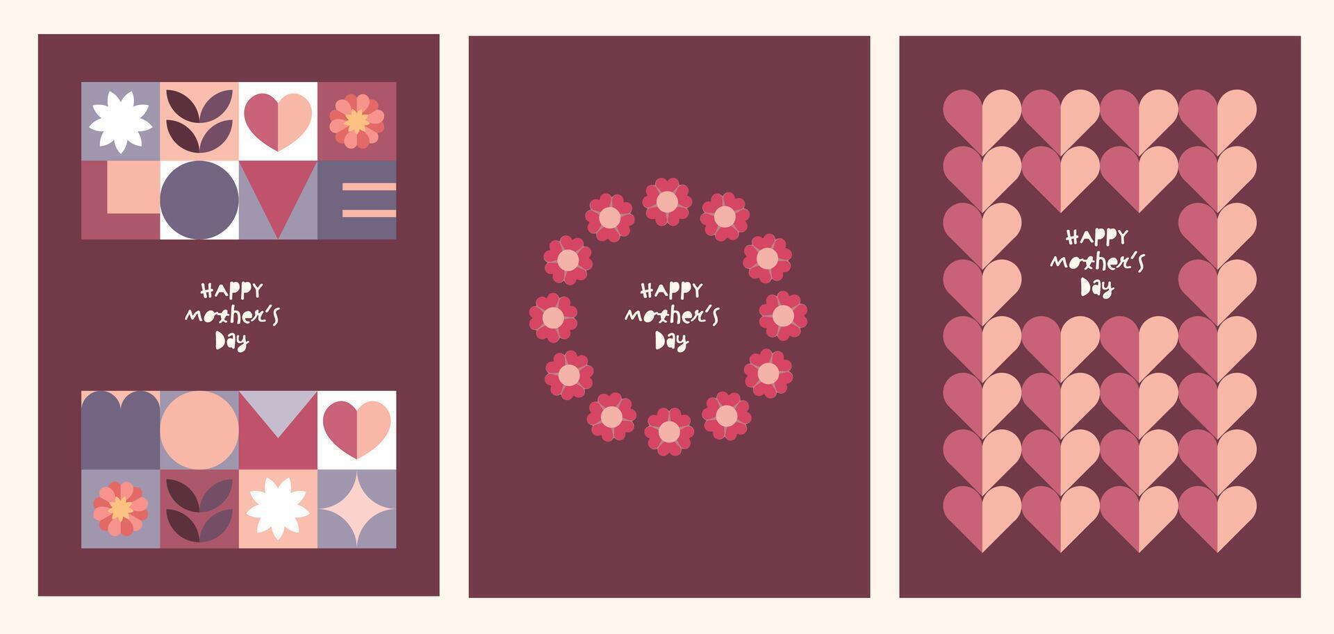 A set of Happy Mother's Day greeting card designs in flat geometric style, a mother with her child, flowers, and abstract geometric shapes vector