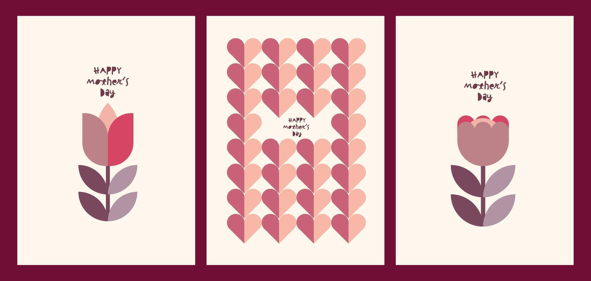 set of Happy Mother's Day greeting card designs in flat geometric style, a mother with her child, flowers, and abstract geometric shapes vector