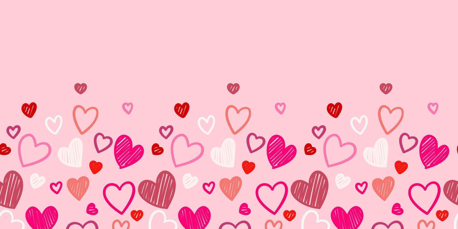 Colorful doodle seamless heart pattern on pink background. Valentines seamless pattern for background banner textiles. vector