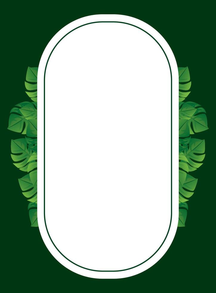 Green leaf border frame with white oval frame on dark background vector