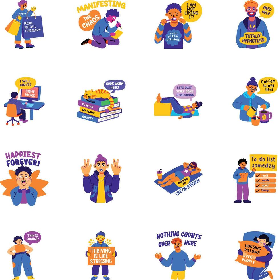 Set of Sarcastic Characters Flat Style Stickers vector