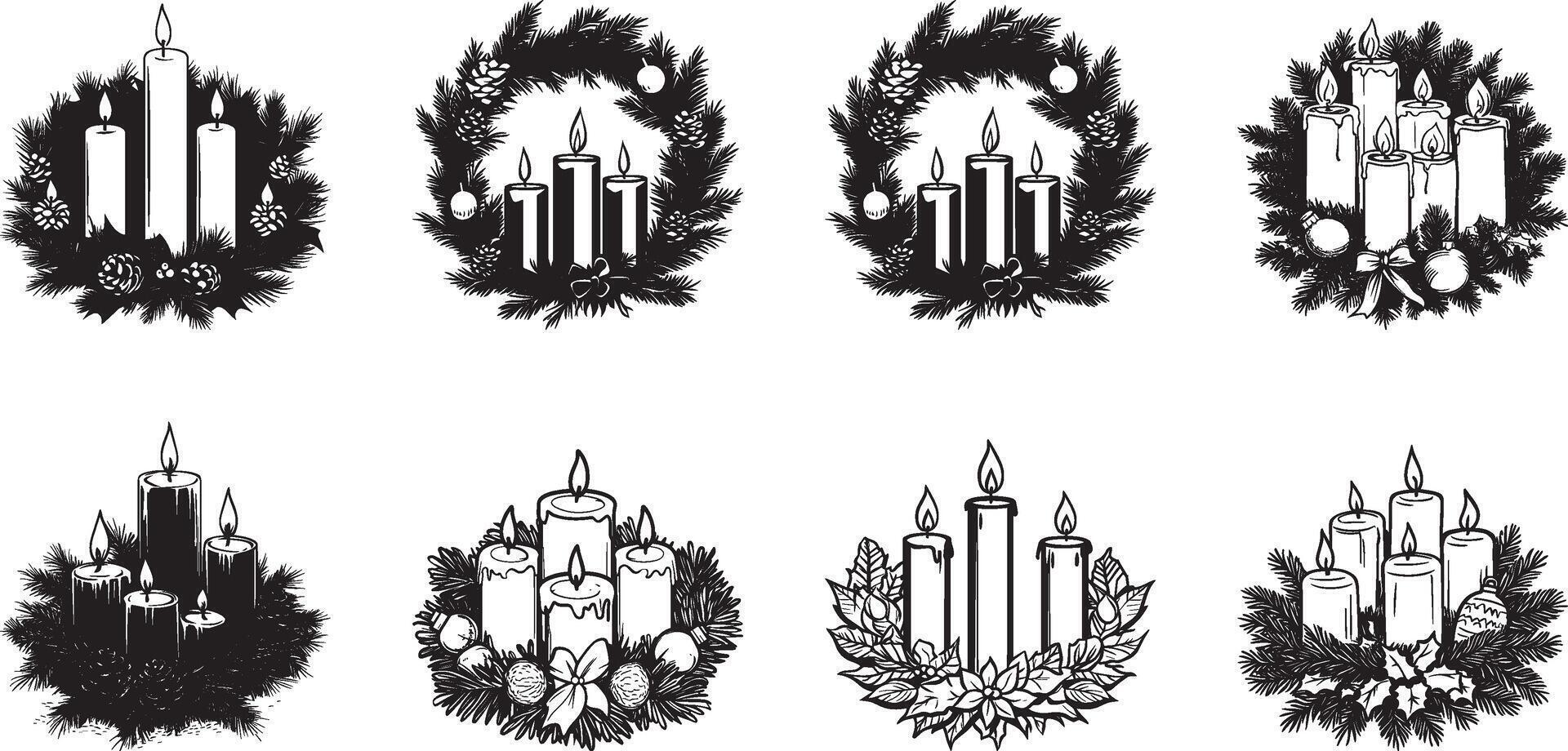 Collection of Illustration of a christmas advent wreath with lit candles clean simple silhouette black vector