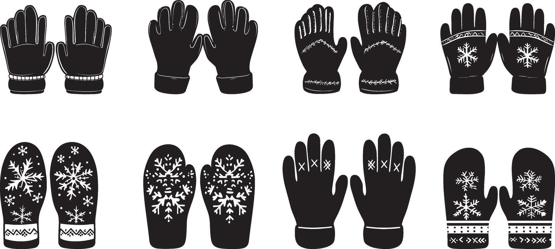 Collection of winter gloves clean simple silhouette black vector