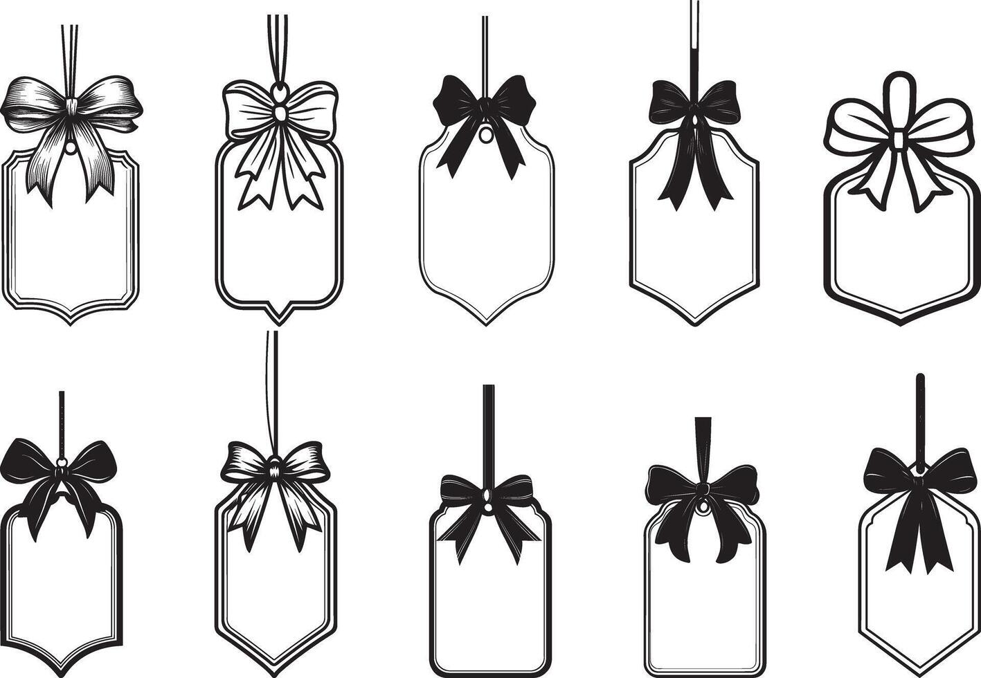 Collection of Christmas Sale Tag with bow and ribbon hanging clean simple silhouette black vector