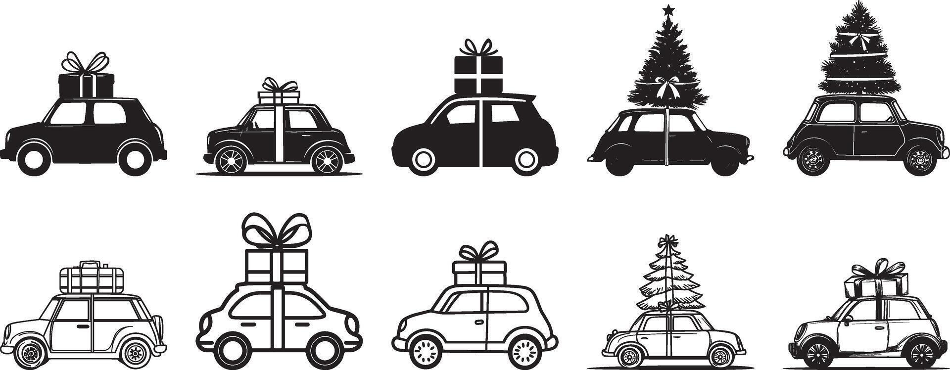 Collection of Travel suitcase tied up on mini car clean simple linear outline black vector
