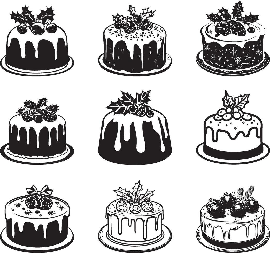 Collection of Christmas chocolate cake clean simple silhouette black vector
