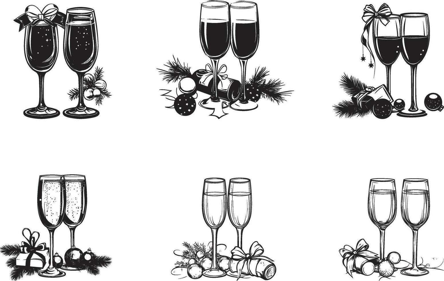 Collection of Two glasses of Champagne with a cork and baubles with ribbon and bow clean simple silhouette black vector