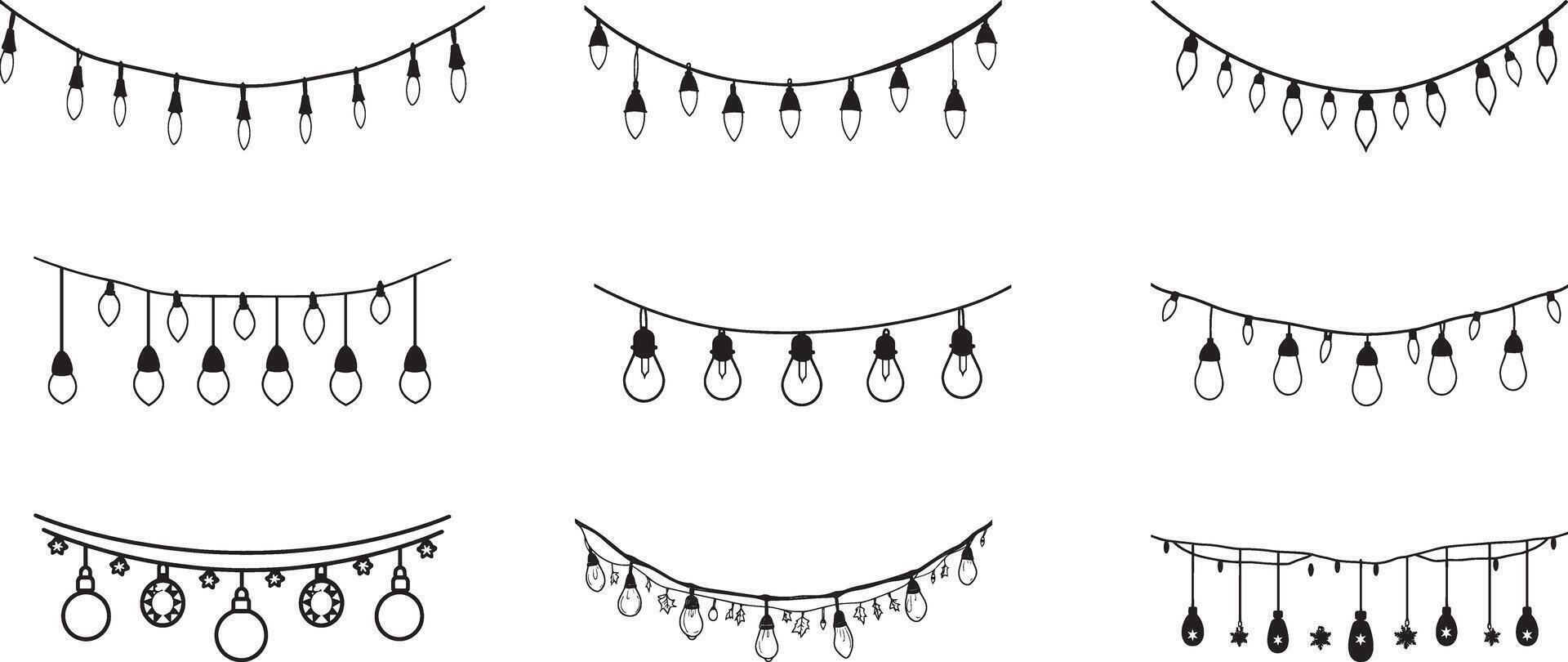 Collection of Christmas lights string hanging gardland clean simple silhouette black vector