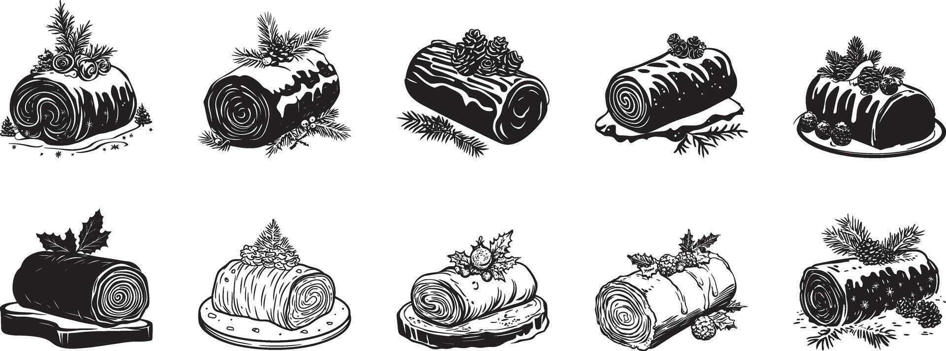 Collection of Yule log cake clean simple silhouette black vector