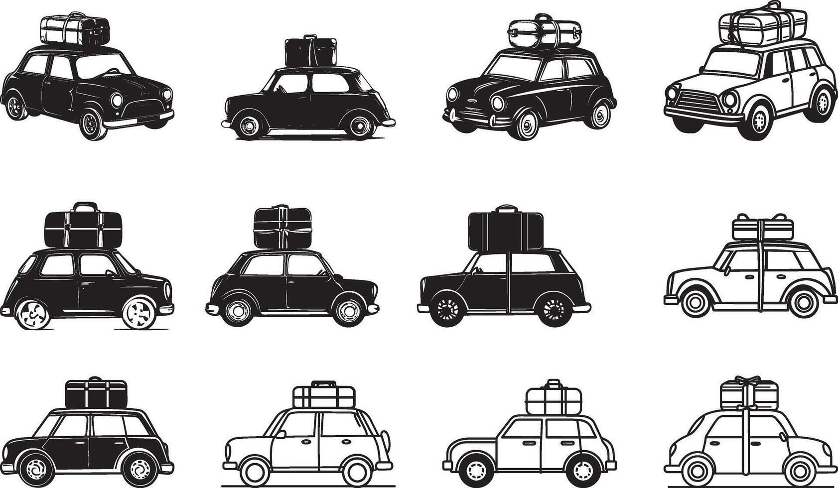 Collection of Travel suitcase tied up on mini car clean simple silhouette black vector