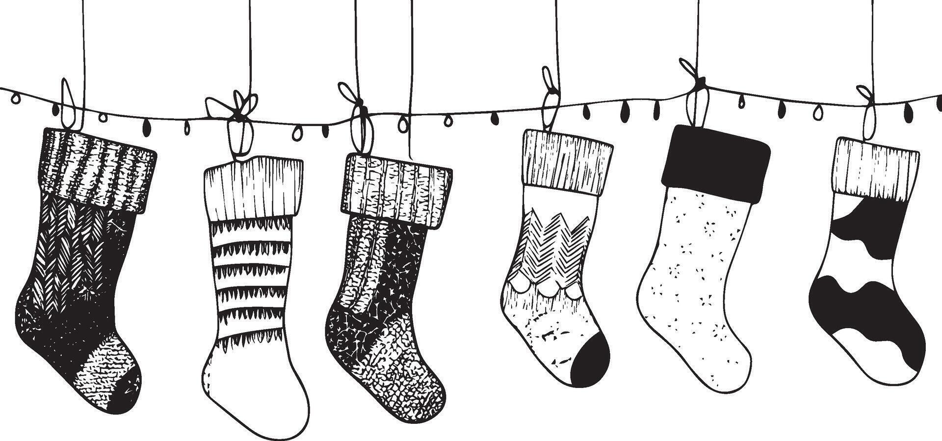 Collection of Christmas Stockings gardland hanging clean simple linear outline black vector