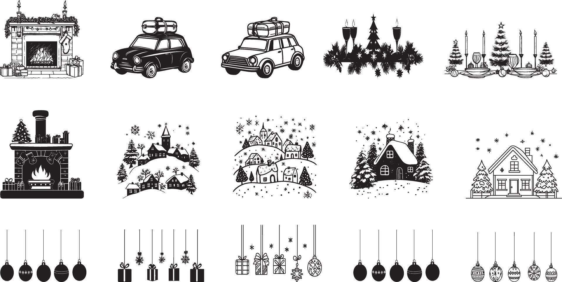 Collection of Travel suitcase tied up on mini car clean simple silhouette black vector