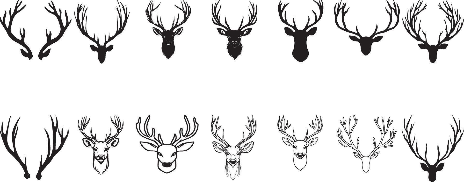 Collection of Deer head with antlers clean simple silhouette black vector
