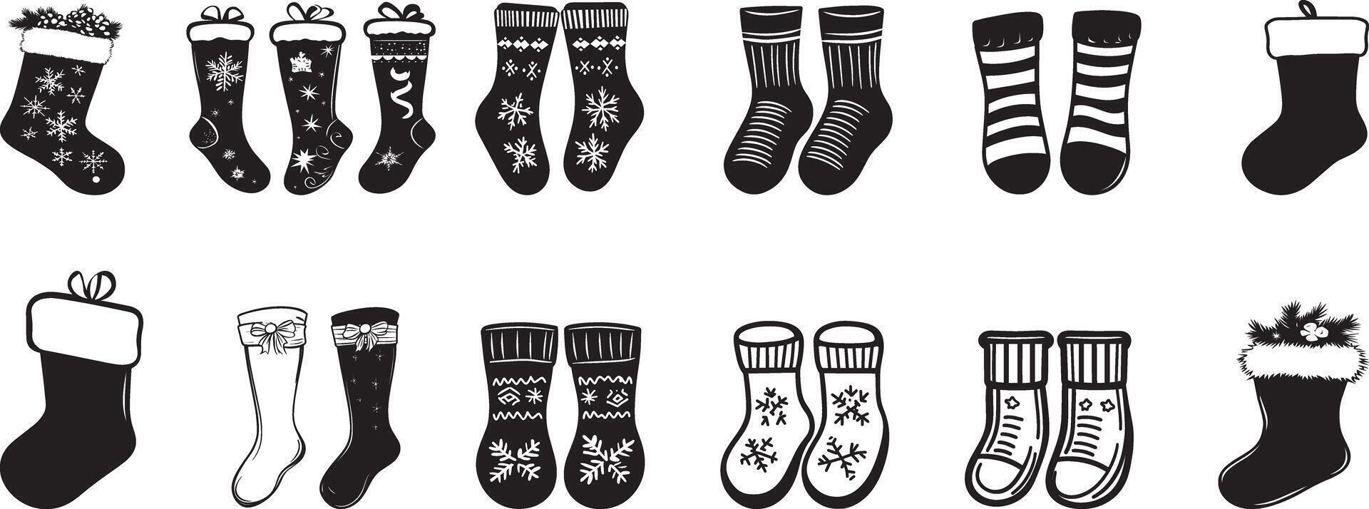 Collection of Winter socks clean simple icon silhouette black vector