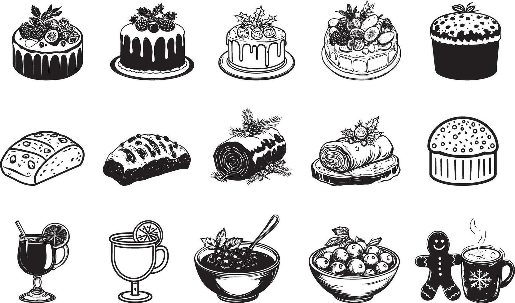 Collection of Christmas chocolate cake clean simple silhouette black vector