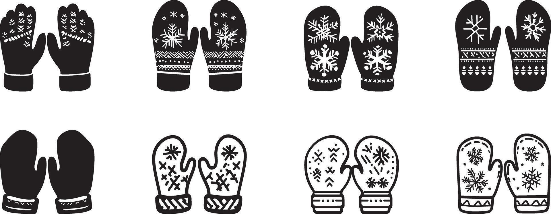 Collection of Christmas Mittens clean simple silhouette black vector