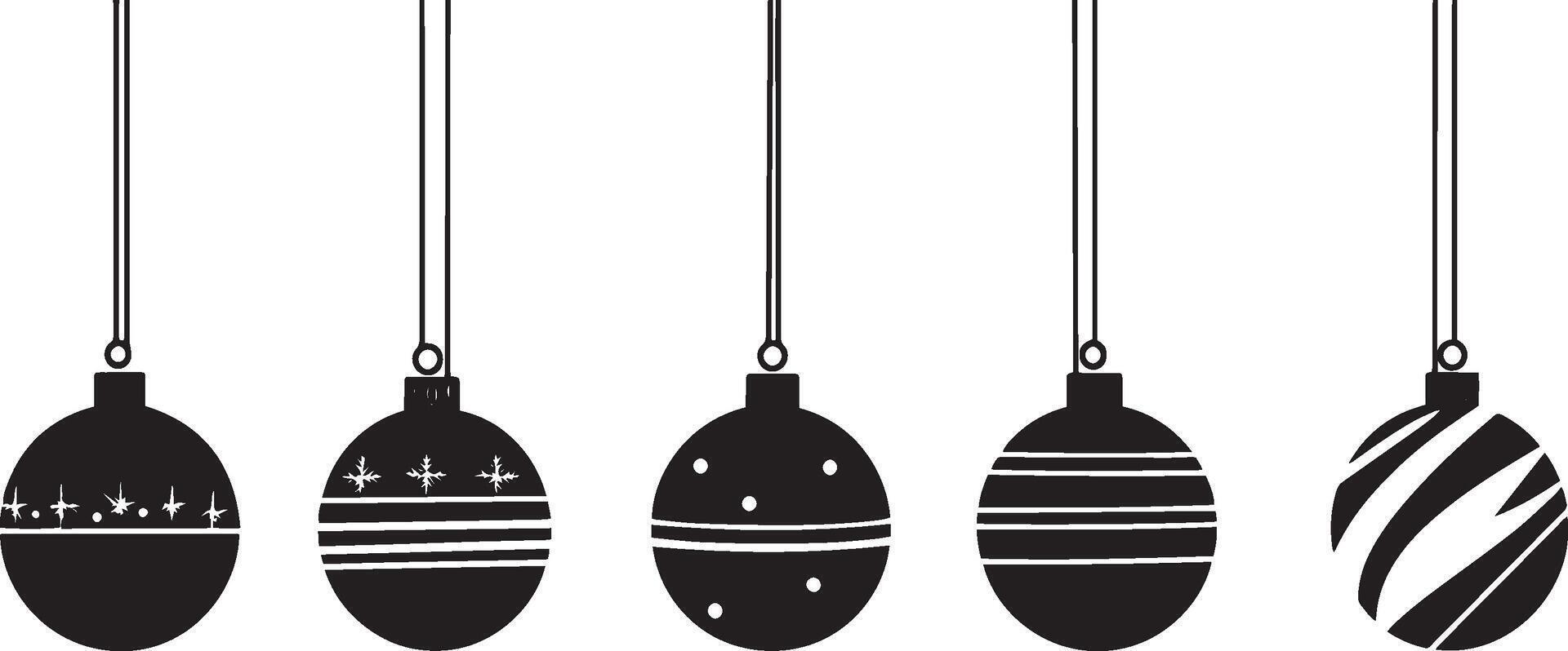 Collection of Christmas balls hanging on gardland clean simple silhouette black vector