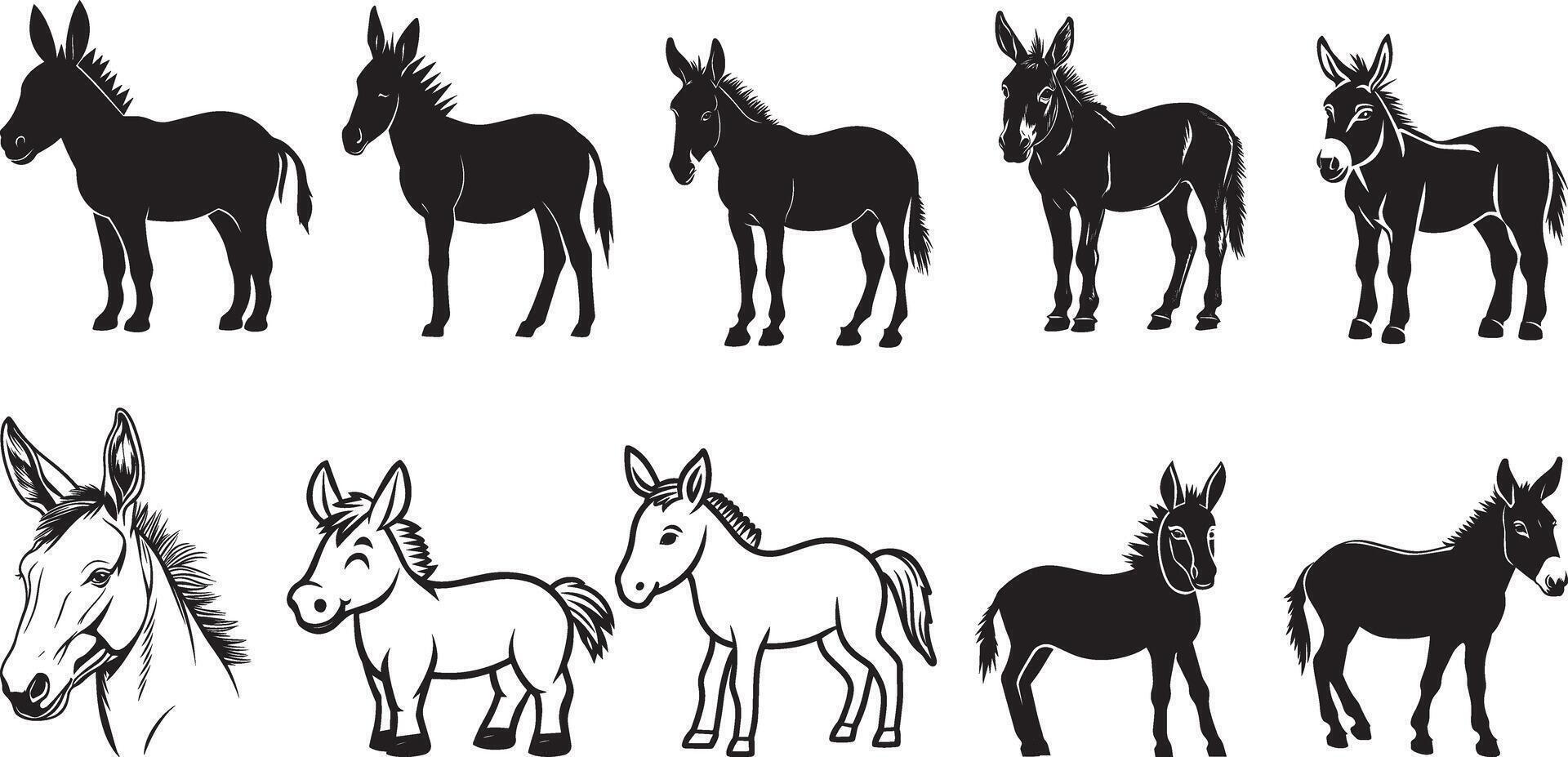 Collection of Donkey clean simple silhouette black vector