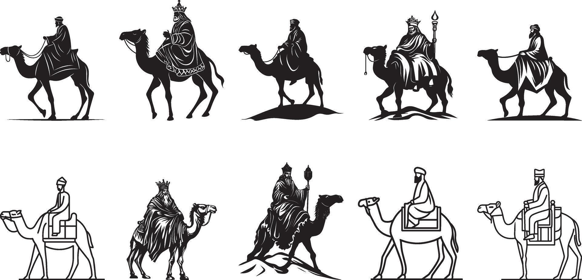 Collection of Wise man riding camel clean simple silhouette black vector