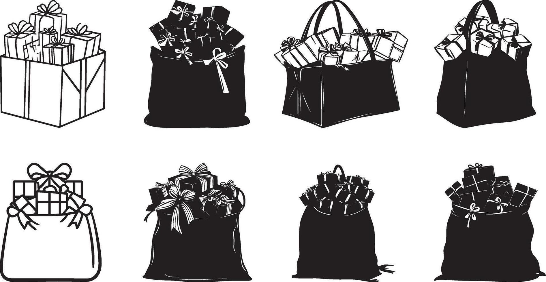 Collection of Bag open full of gift boxes clean simple silhouette black vector