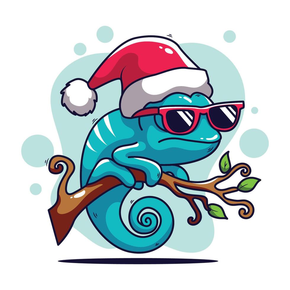 Cute cartoon chameleon in santa hat and sunglasses illustration. vector