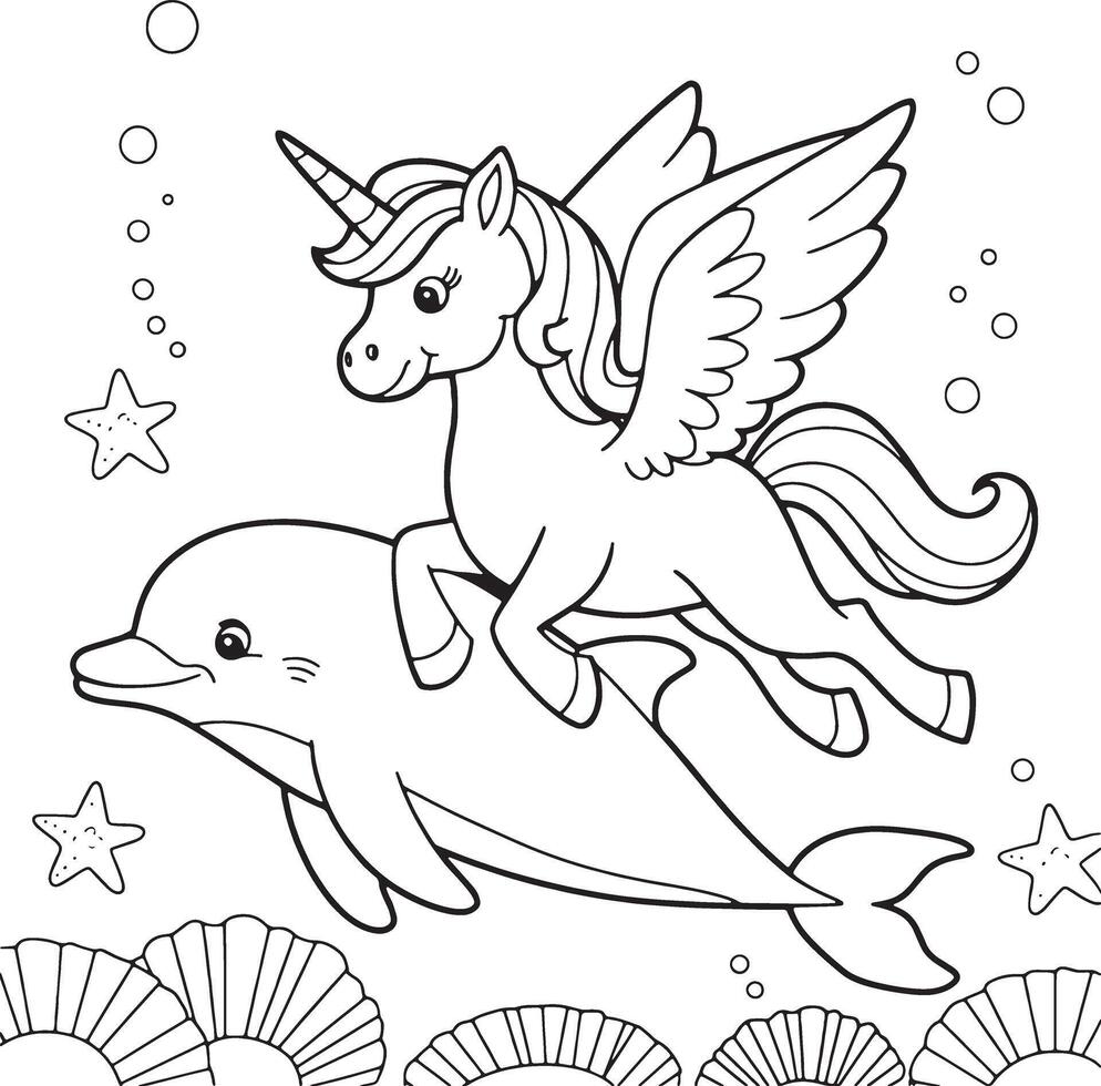 Winged Unicorn and Dolphin Coloring Page vector