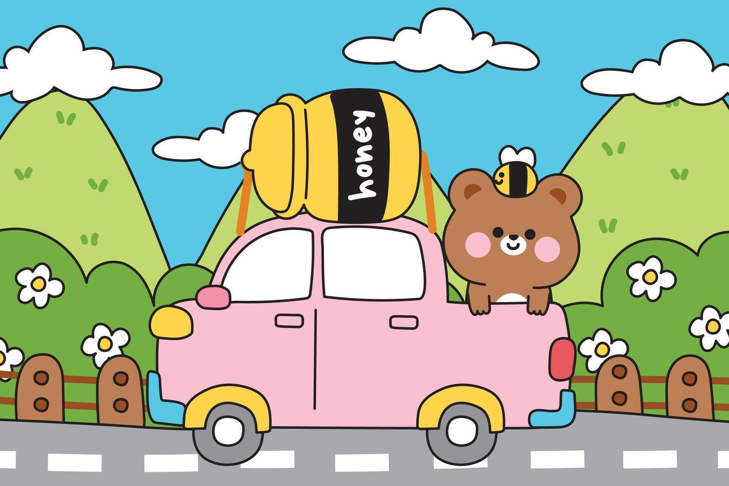Cute teddy bear stay on pickup truck car with honey jar and bee on the road.Mountain,flower,cloud,sky background.Traffic.Vehicle.Wild animal character cartoon design.Kawaii.Illustration. vector