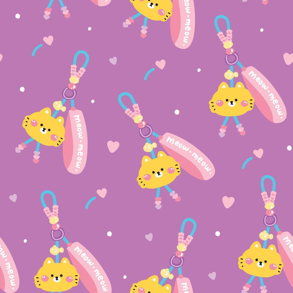 Seamless pattern of cute cat face head keychain bag with bead background.Fish hand drawn.Pet animal cartoon.Meow.Image for card,sticker,decoration item.Kawaii.Illustration. vector