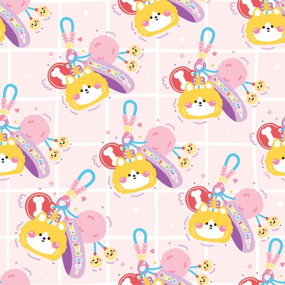Seamless pattern of cute corgi dog face head keychain bag with bead and furry ball background.Have a good day text.Butterfly,heart,smile face.Pet animal cartoon.Kawaii.Illustration. vector
