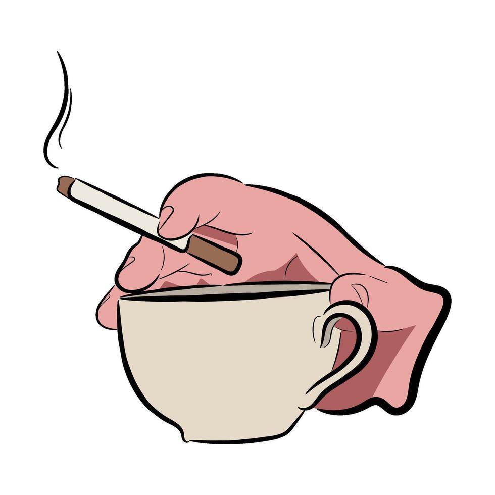 illustration of hand holding coffee cup and cigarette vector