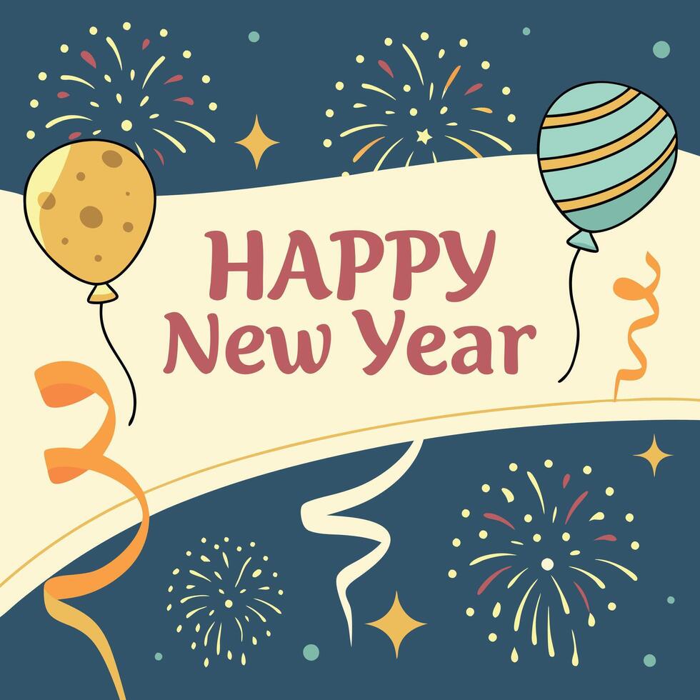 a poster with a happy new year on it with fireworks and a banner that says happy new year. vector
