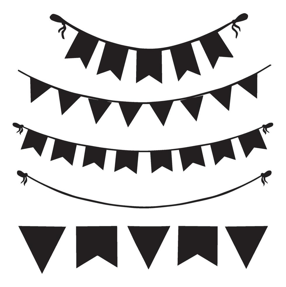 Set of garlands of Christmas lights and pennants on a rope. graphic illustration. Flags and bulbs hanging. Collection of holiday backrounds. Winter festive clipart for card, print, packaging. vector