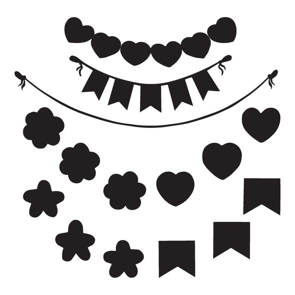 Set of garlands with flags, hearts and flowers on a rope. graphic illustration. Decoration hanging on a string. Collection of holiday backrounds. Festive clipart for birday, postcard, wrapping. vector