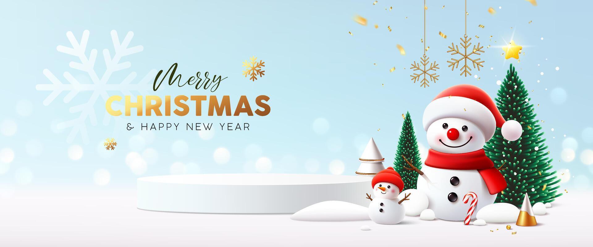 Merry Christmas and happy new year podium, Snowman, pine tree, greeting card banner design on blue and white background vector