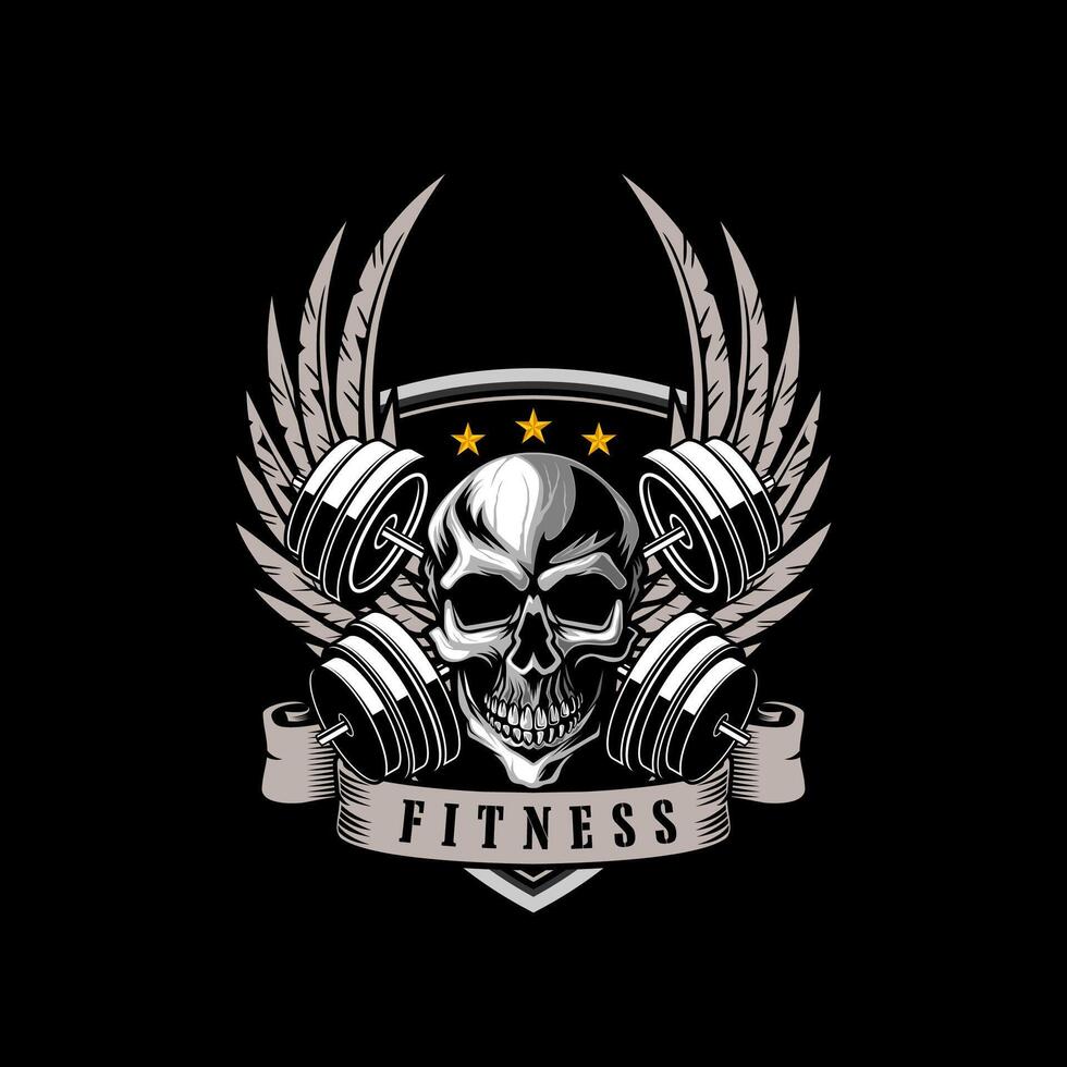 Skull Head with Crossed barbell GYM logo template vector