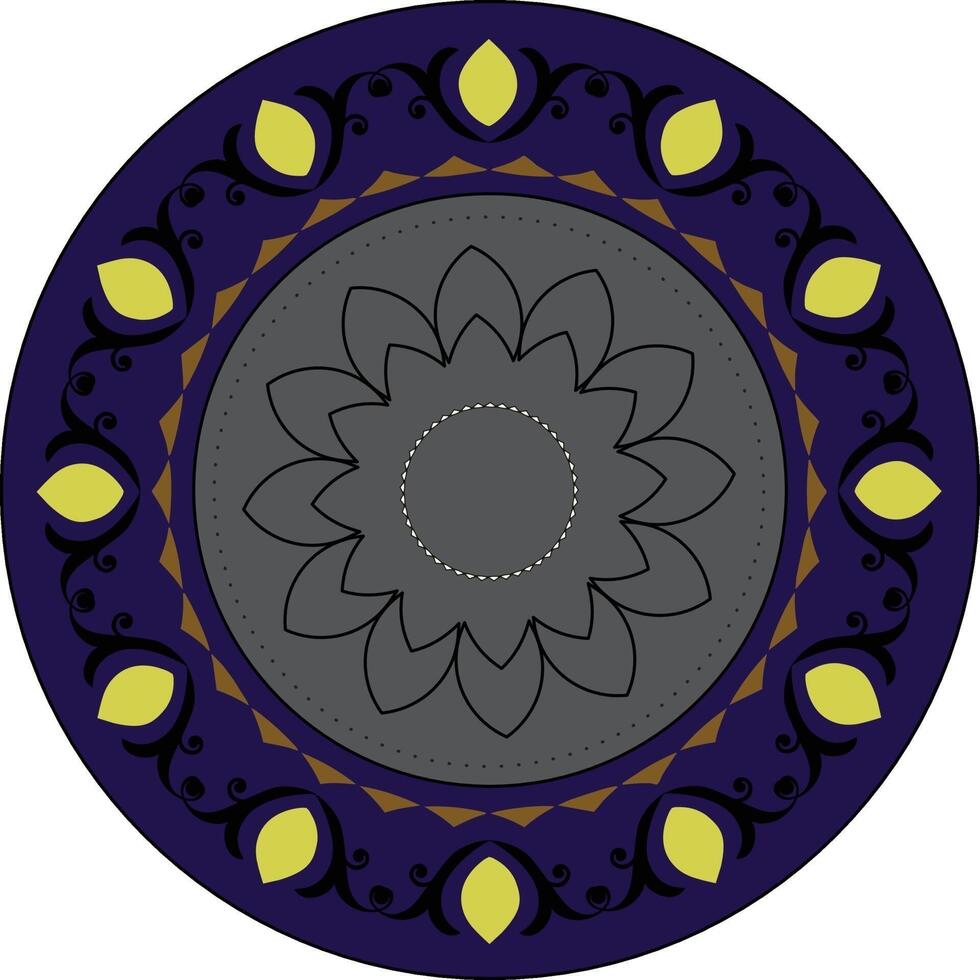 A circular design with a yellow and blue flower vector