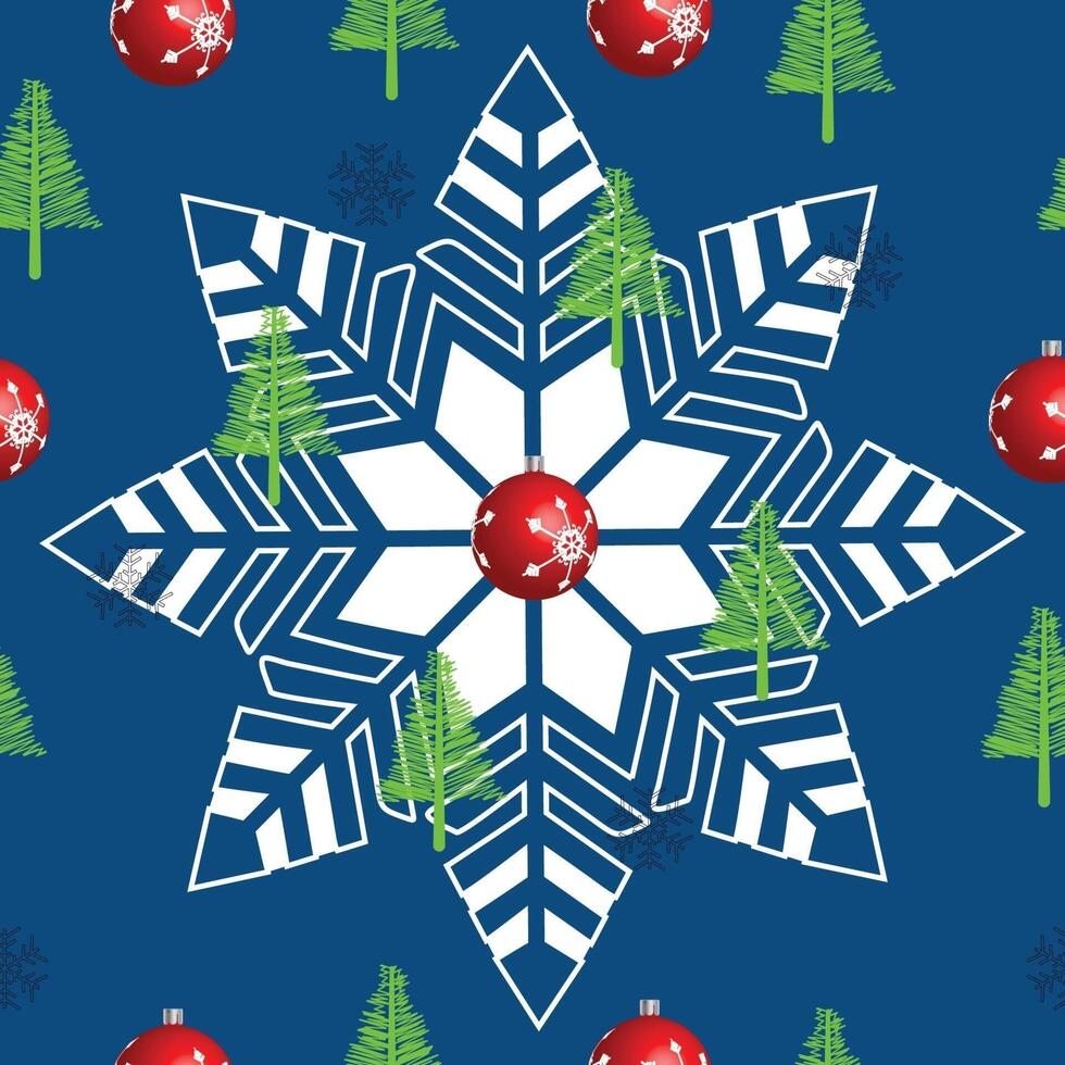 A snowflake with christmas trees and ornaments on a blue background vector