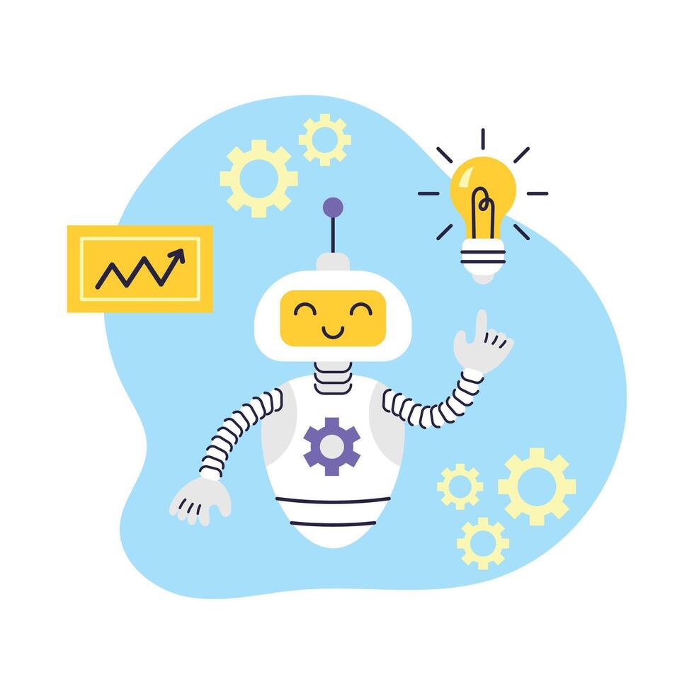 AI Robot assistant points at light bulb. Artificial Intelligence Data Analytics. Business and Education Concept. Isolated illustration. vector