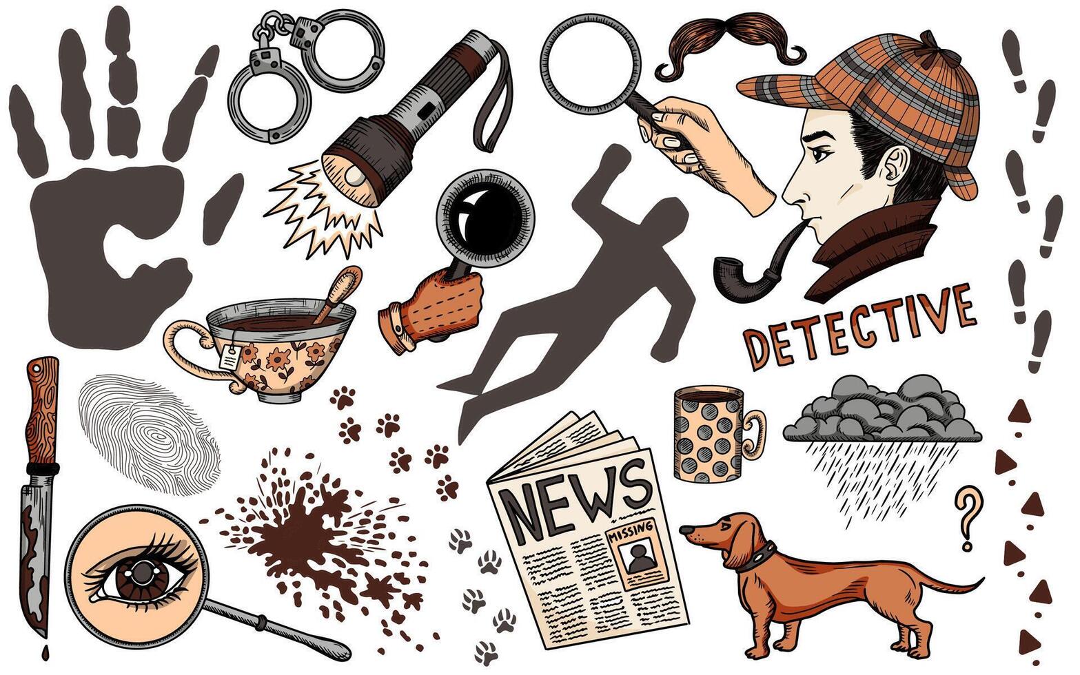 Hand drawn colorful design set with cartoon detective and crime investigation symbols vector